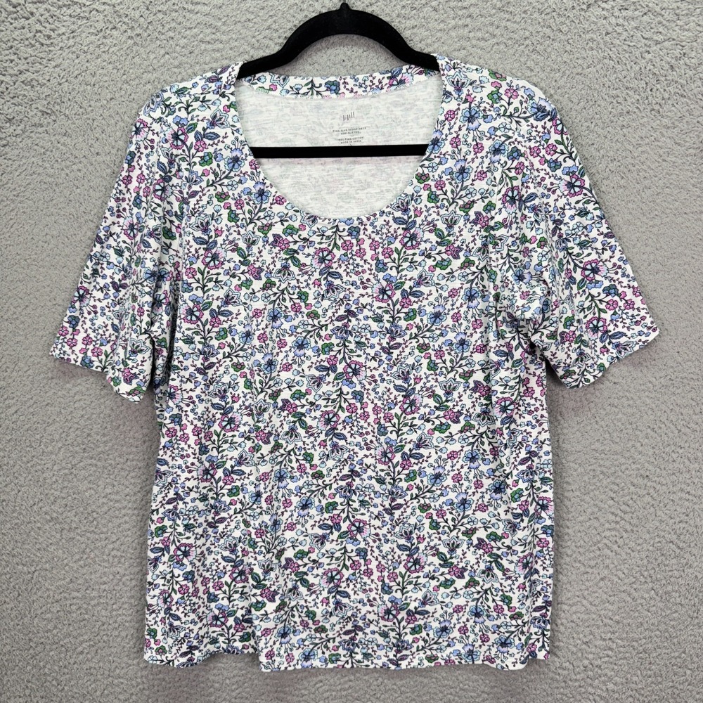 J Jill Top Women L Petite White Floral Pima Slub Scoop Neck Side Slit Tee Spring